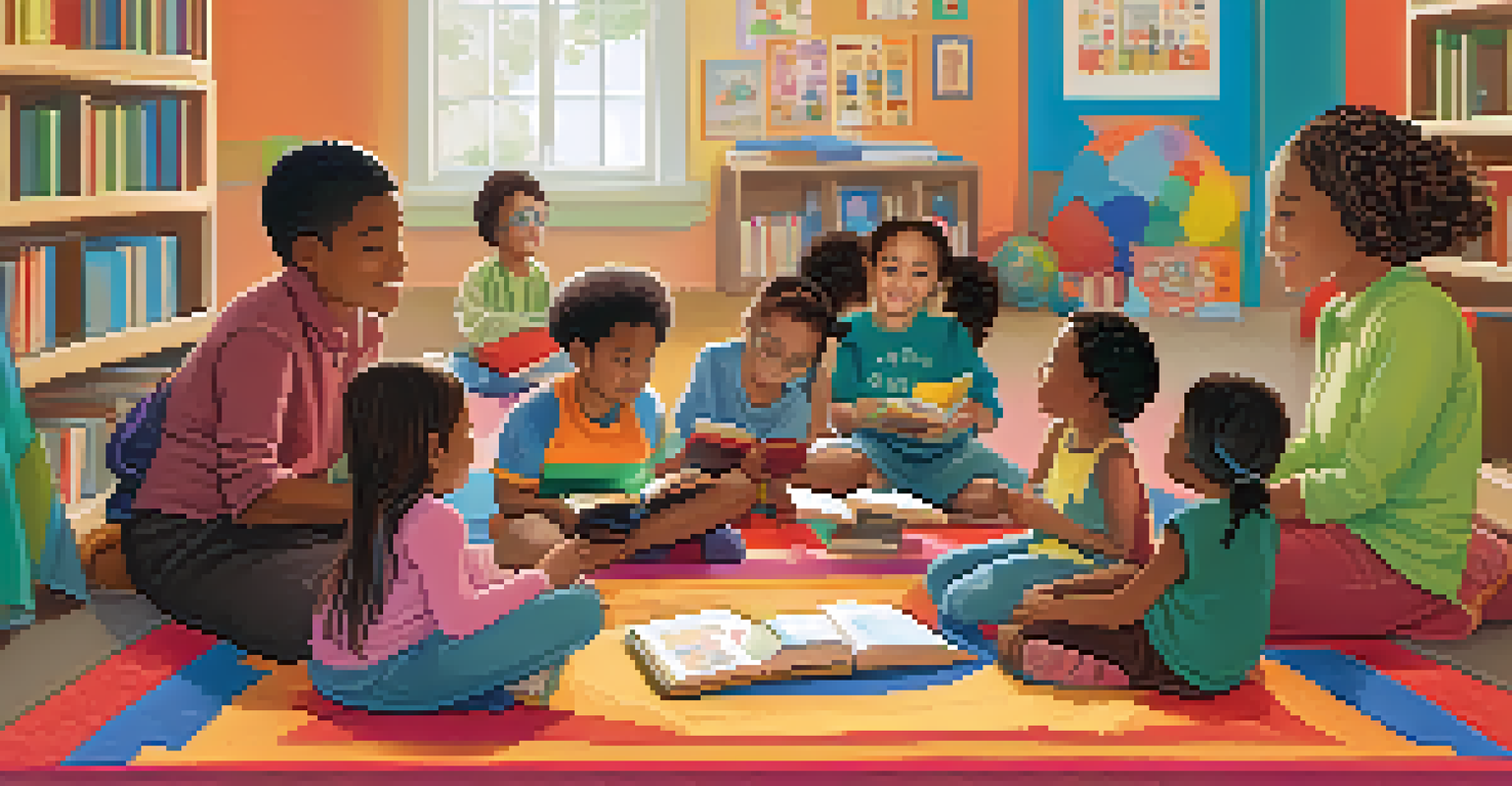 A lively library storytime session with children listening to a storyteller, surrounded by colorful decorations and engaging artwork.