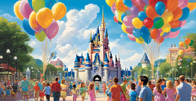 Families at Walt Disney World Resort smiling and interacting with Disney characters in front of Cinderella's Castle.