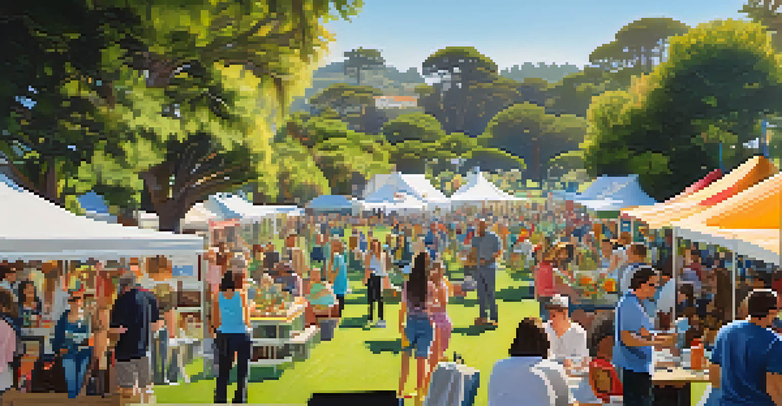 A community event in Presidio Park with local artists, live music, colorful tents, and families enjoying a sunny afternoon among lush greenery and historic landmarks.