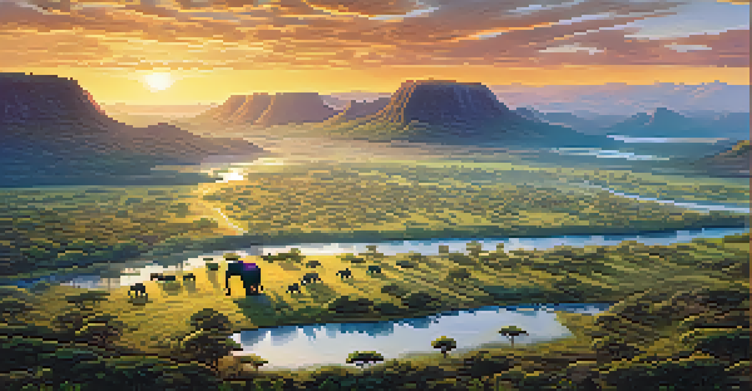 An aerial view of a diverse wildlife reserve with elephants roaming through forests and grasslands during sunset.