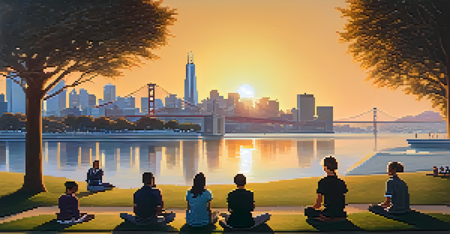 A peaceful park in San Francisco with people practicing mindfulness and meditation during sunset.