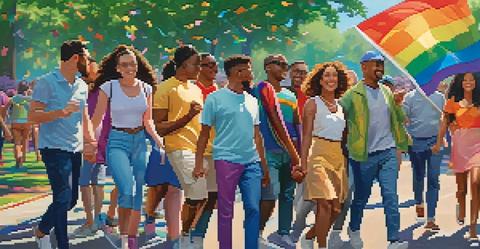 A diverse group of individuals united in celebration, holding hands in a park filled with colorful flowers and rainbow flags, under a clear blue sky.