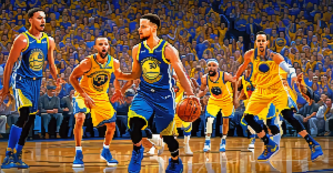 A basketball player in a blue and gold uniform shooting a three-point shot in a crowded arena, with fans cheering.