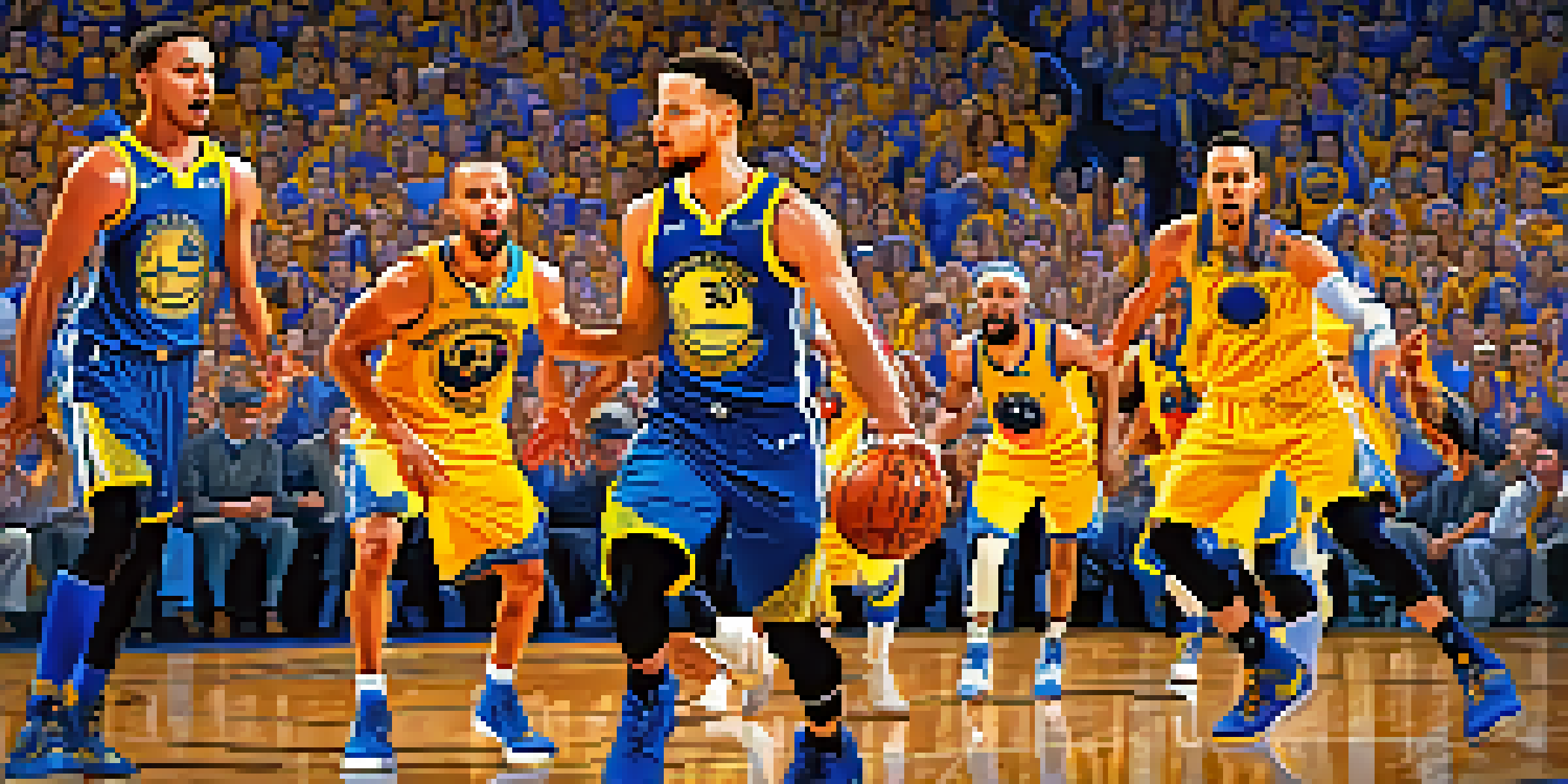 A basketball player in a blue and gold uniform shooting a three-point shot in a crowded arena, with fans cheering.