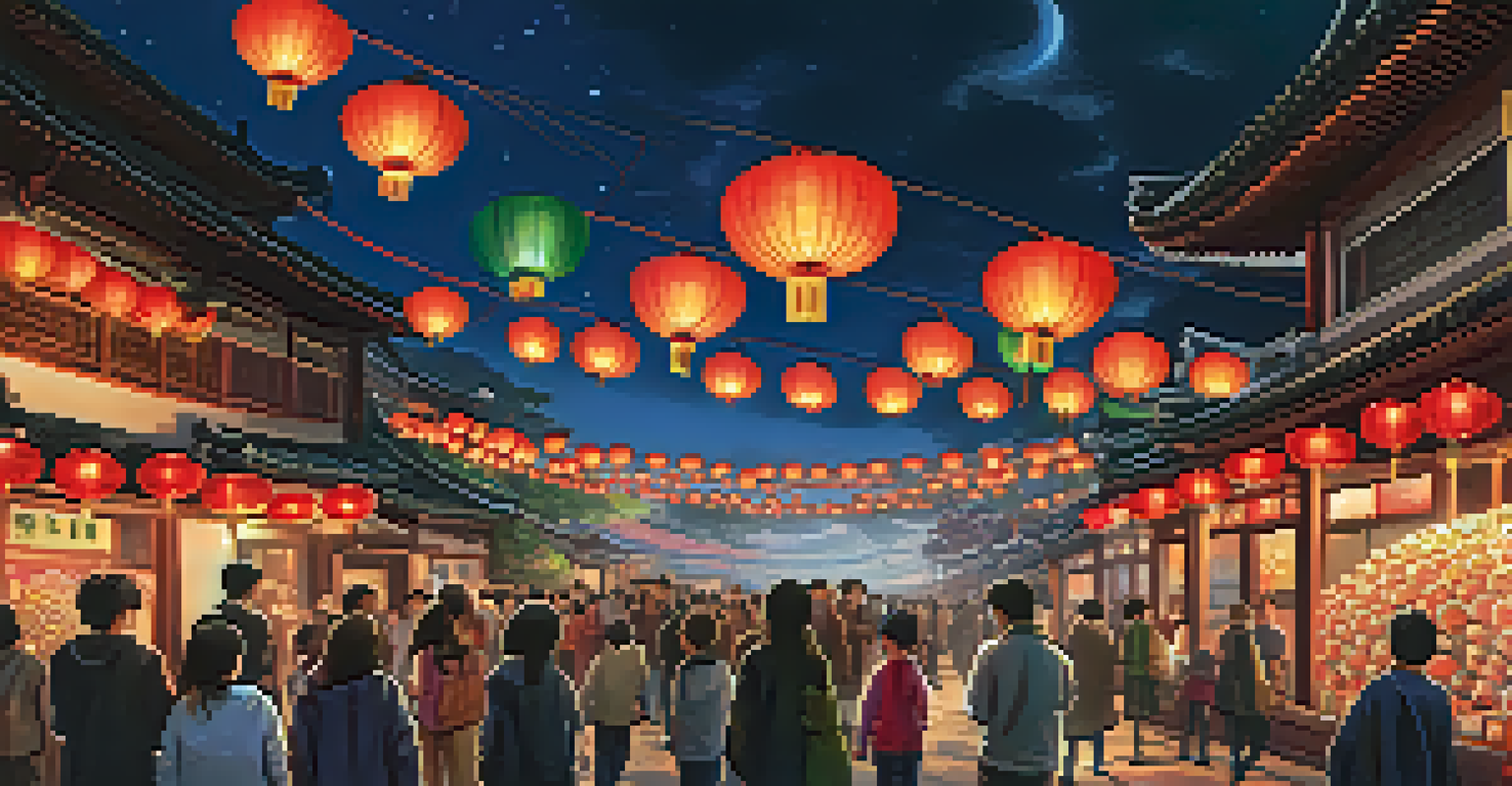 A beautiful Lantern Festival in Taiwan with a sky full of glowing lanterns and families releasing their wishes.