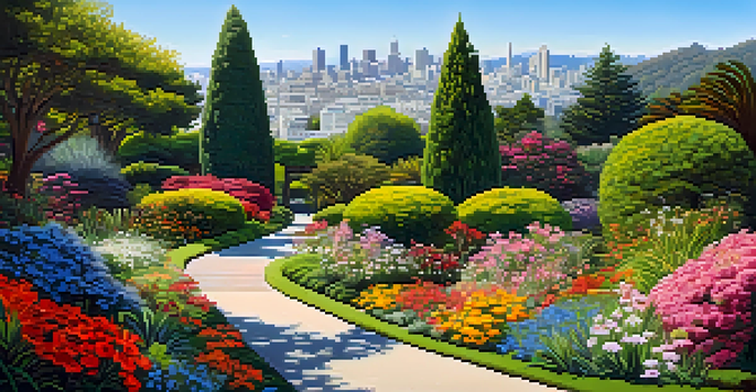 A colorful spring scene in the San Francisco Botanical Gardens, with blooming flowers and a green path.