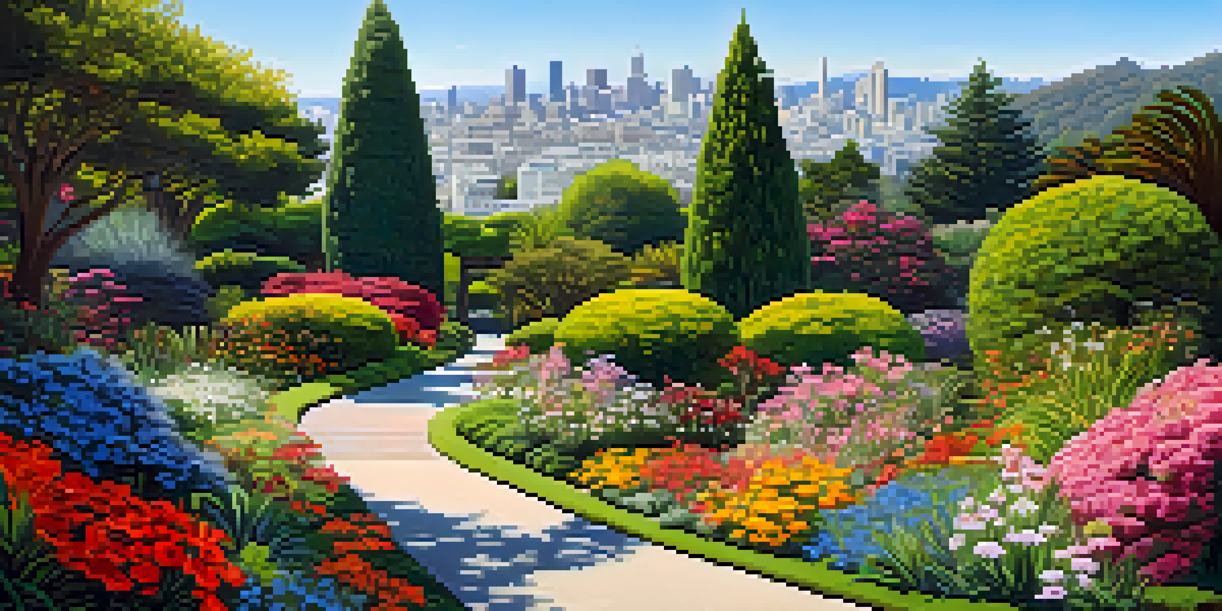 A colorful spring scene in the San Francisco Botanical Gardens, with blooming flowers and a green path.