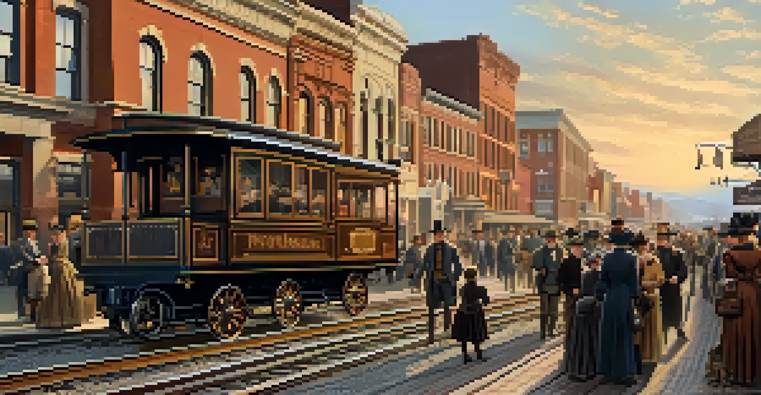 A bustling railroad town from the late 1800s, with wooden buildings, horse-drawn carriages, and a train station at sunset.