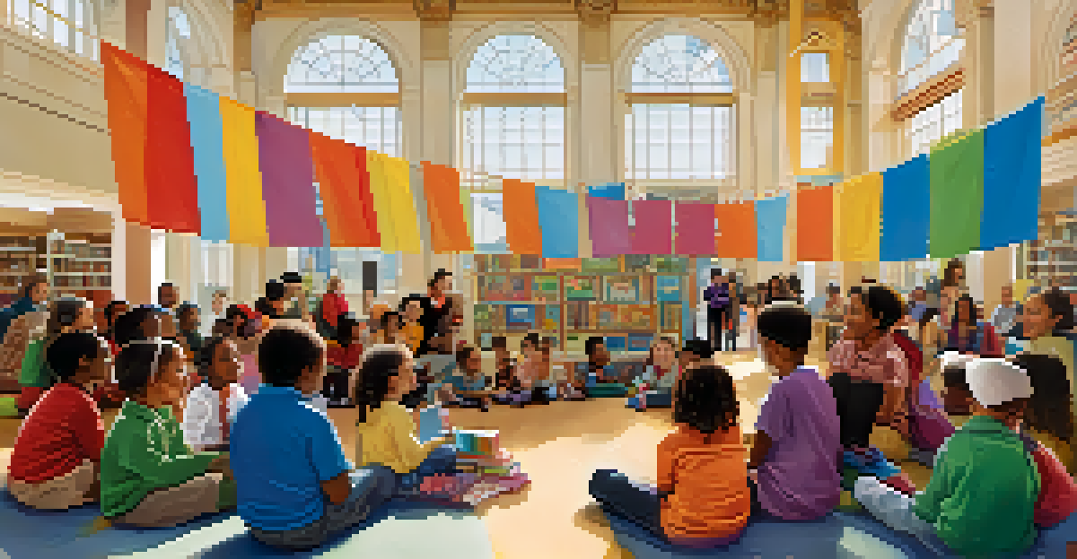 A community storytelling event at a San Francisco Public Library with children and adults engaged in the experience.