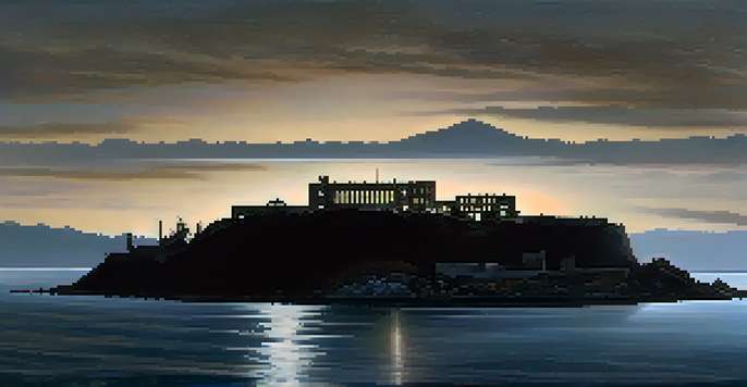 A darkening sky over Alcatraz Island with the silhouette of the prison and fog curling around the shoreline, evoking a haunting atmosphere.