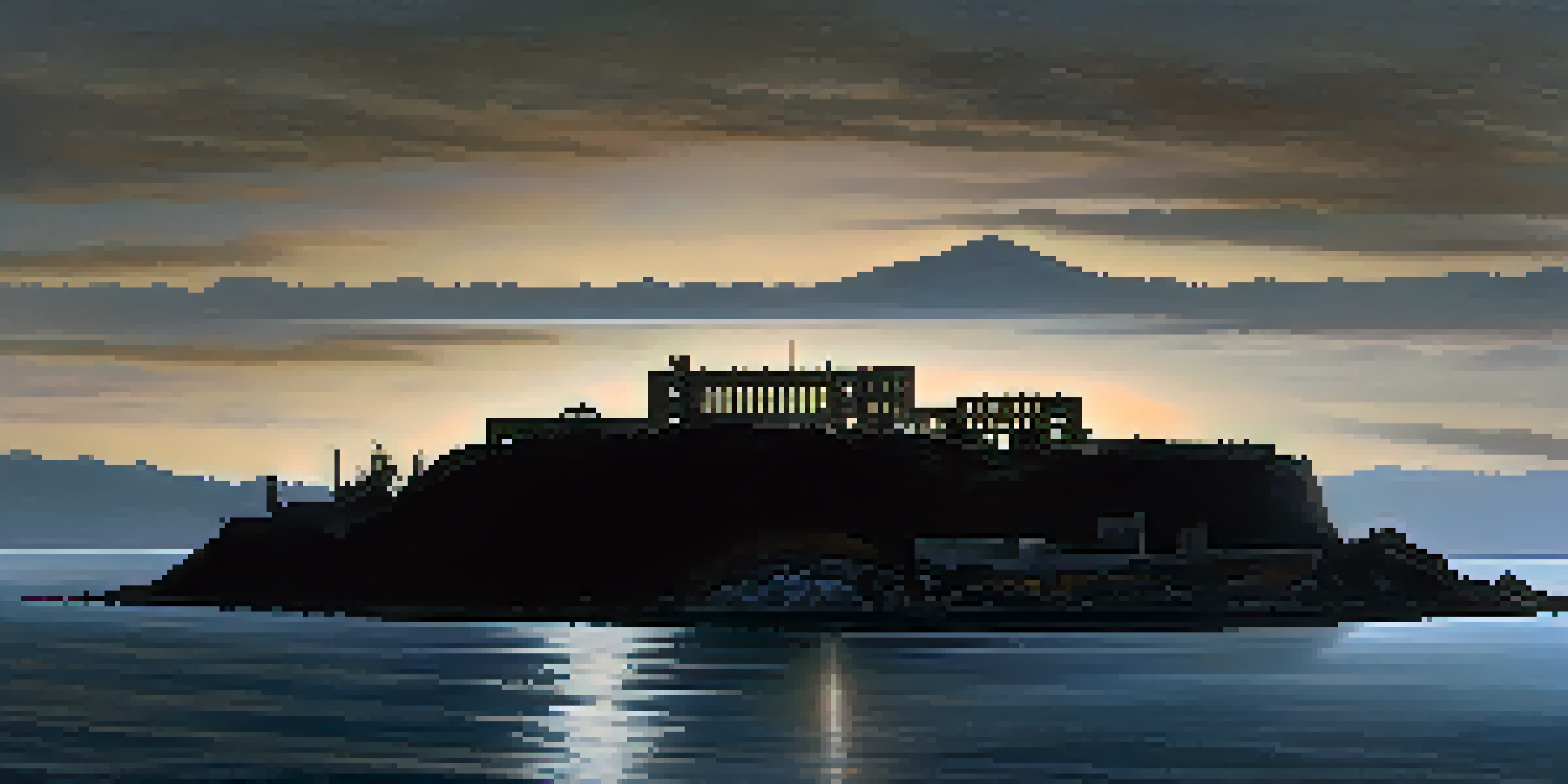 A darkening sky over Alcatraz Island with the silhouette of the prison and fog curling around the shoreline, evoking a haunting atmosphere.