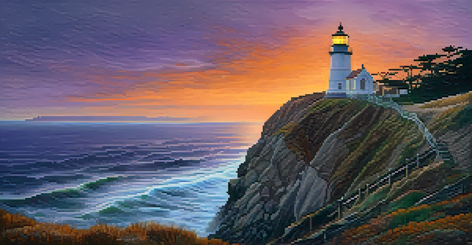 Point Reyes Lighthouse at twilight with a ghostly figure of a keeper standing at the cliff's edge, and a colorful sunset sky.