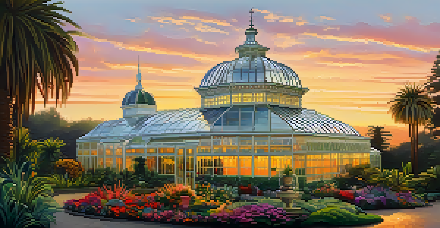 The Conservatory of Flowers at sunset, with vibrant plants and a beautiful Victorian architecture.
