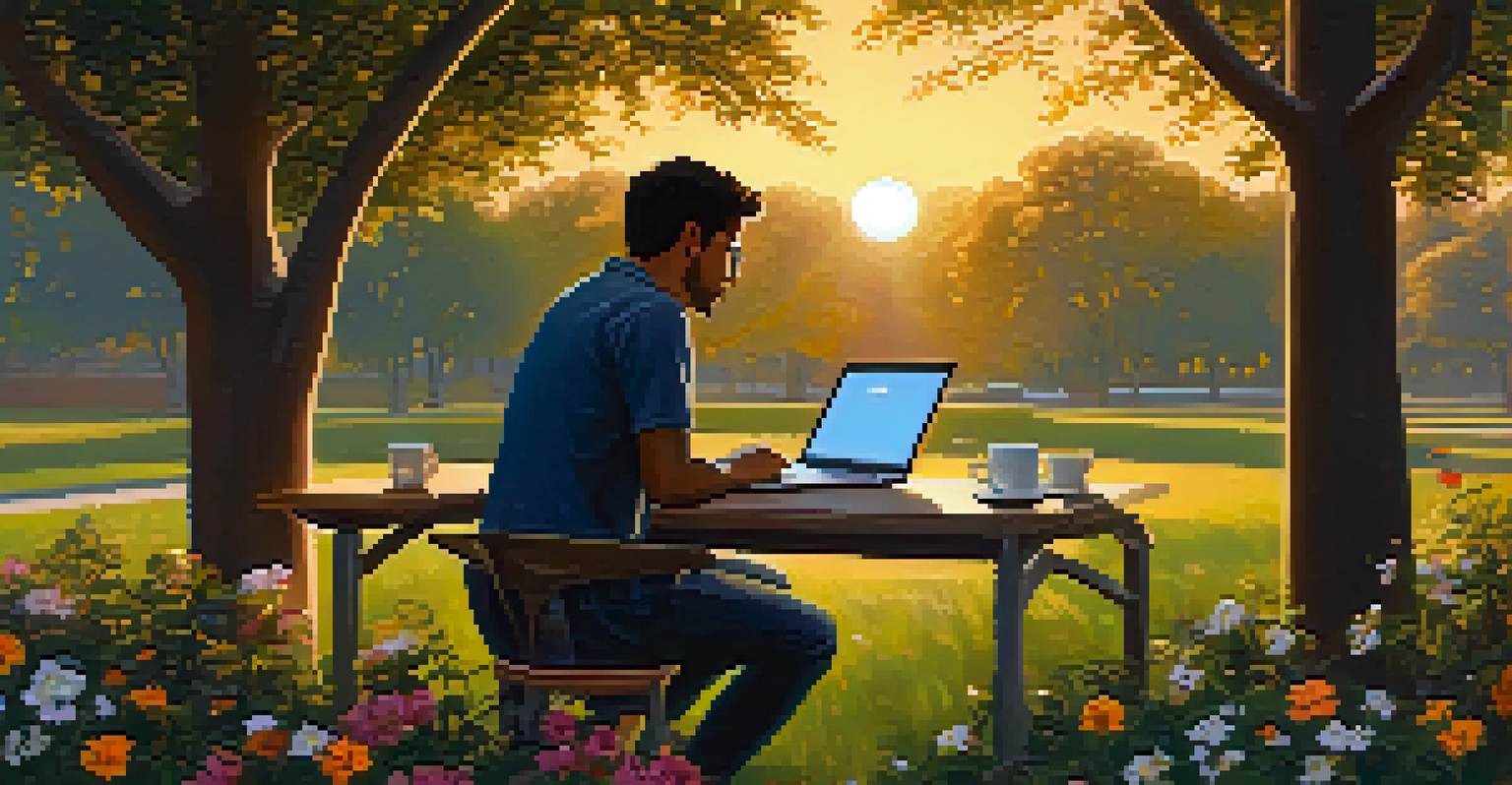A remote worker in a park, using a laptop surrounded by nature during sunset.