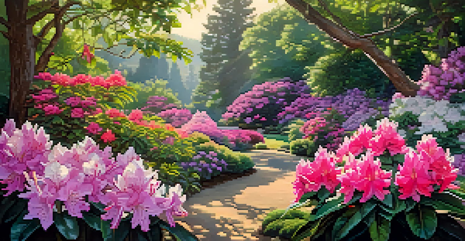 A colorful garden filled with blooming Rhododendrons in shades of pink, purple, red, and white, with hummingbirds flying among the flowers.