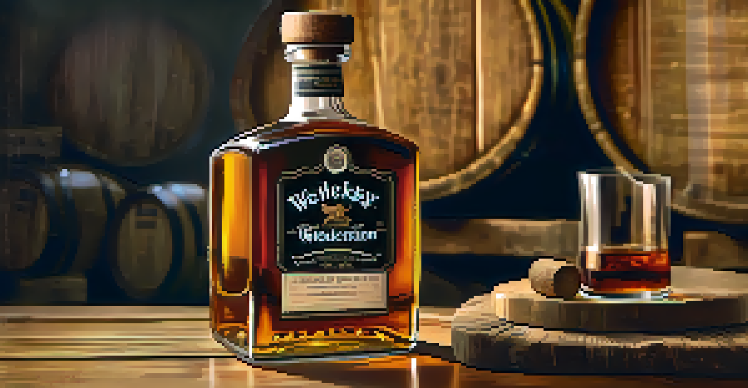 A close-up of an aged whiskey bottle and a glass of whiskey, set on a wooden table with grains and barrels in the background.