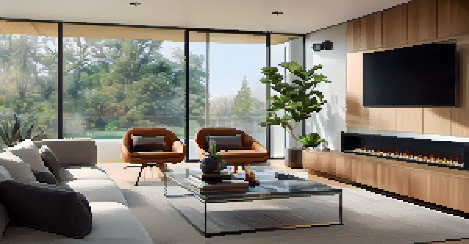 A stylish living room showcasing smart home technology with modern furniture and natural light.