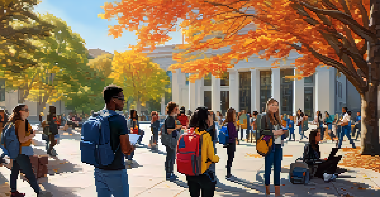 Students at UC Berkeley discussing outside a modern building, with colorful backpacks and autumn leaves around them.