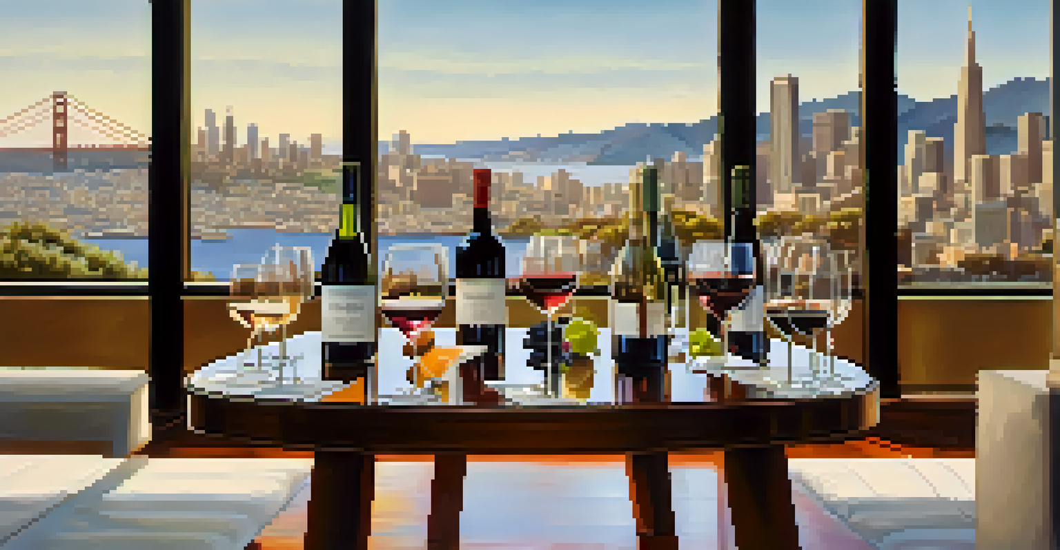 Wine tasting setup on a table with wine glasses and a view of the San Francisco cityscape through windows.