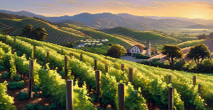 A scenic view of vineyards in Napa Valley during sunset, with grapevines and a winery in the background.