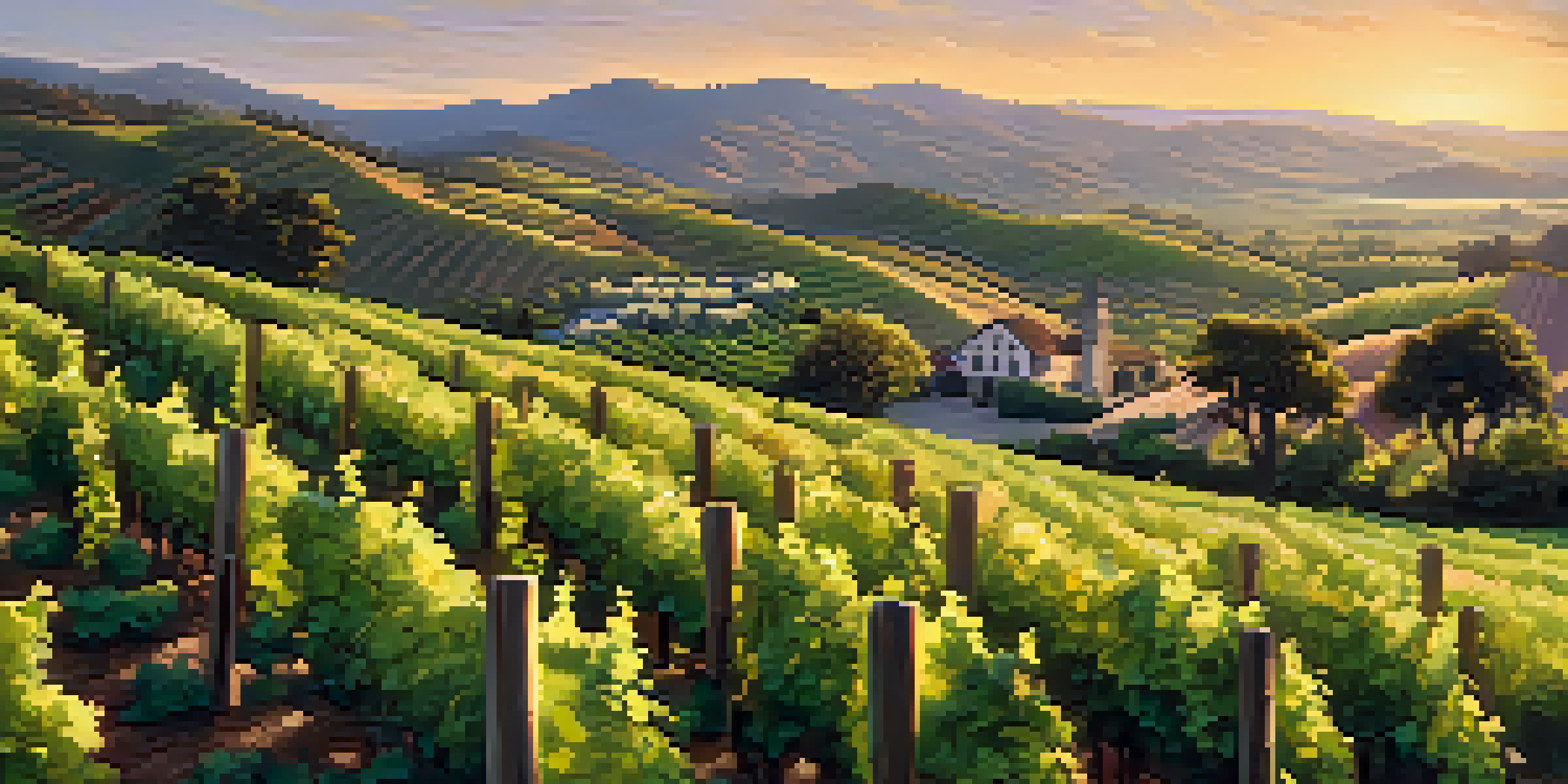 A scenic view of vineyards in Napa Valley during sunset, with grapevines and a winery in the background.