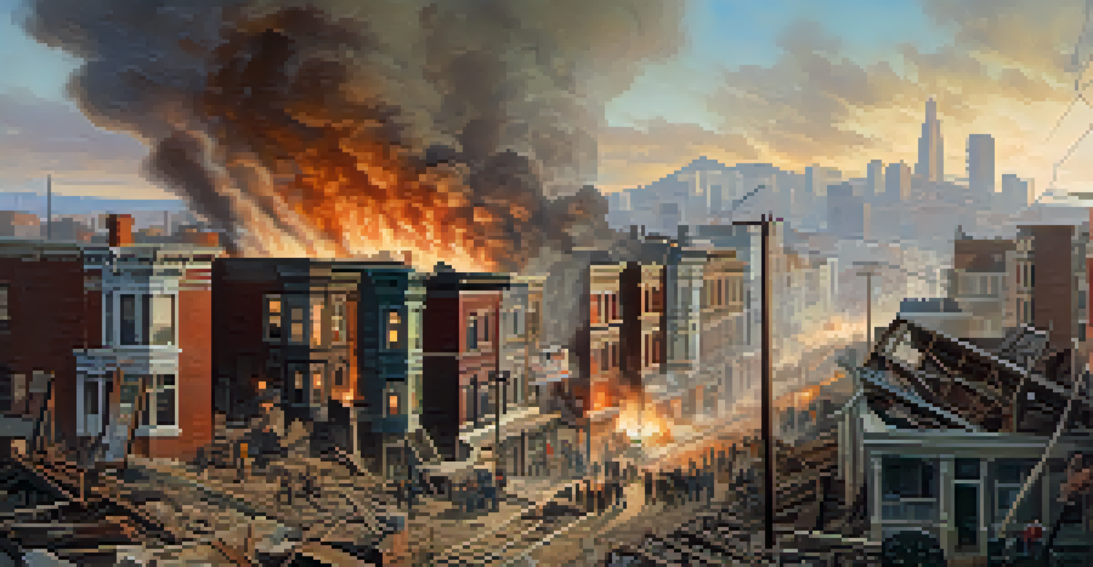 A city devastated by an earthquake, with people helping each other amidst the ruins and smoke.