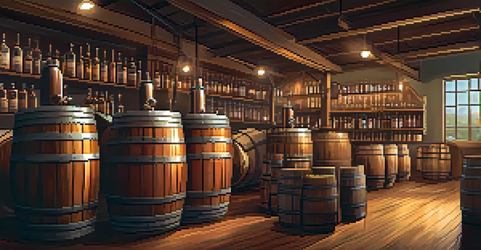 A cozy craft distillery interior featuring wooden barrels and copper distillation equipment, with a distiller inspecting a batch in warm ambient lighting.