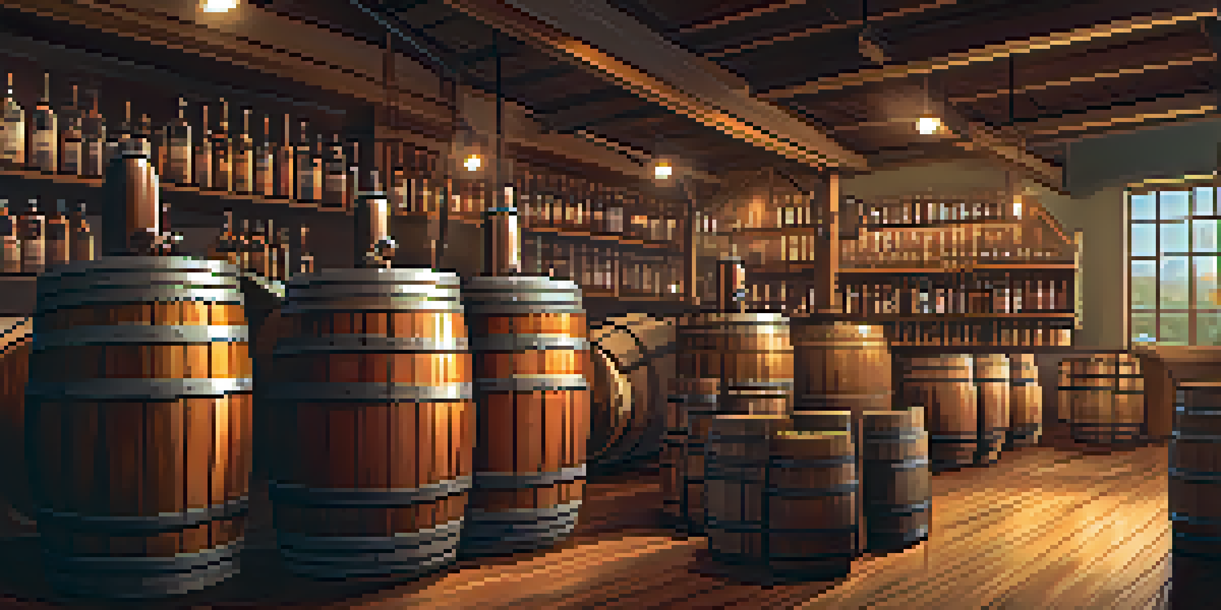 A cozy craft distillery interior featuring wooden barrels and copper distillation equipment, with a distiller inspecting a batch in warm ambient lighting.