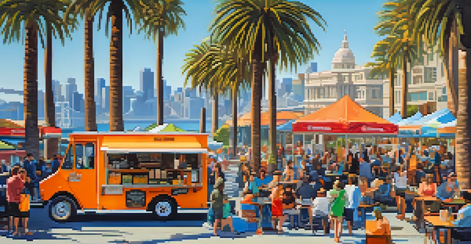 A lively food truck festival in San Francisco with various colorful food trucks and happy customers enjoying meals in a park.