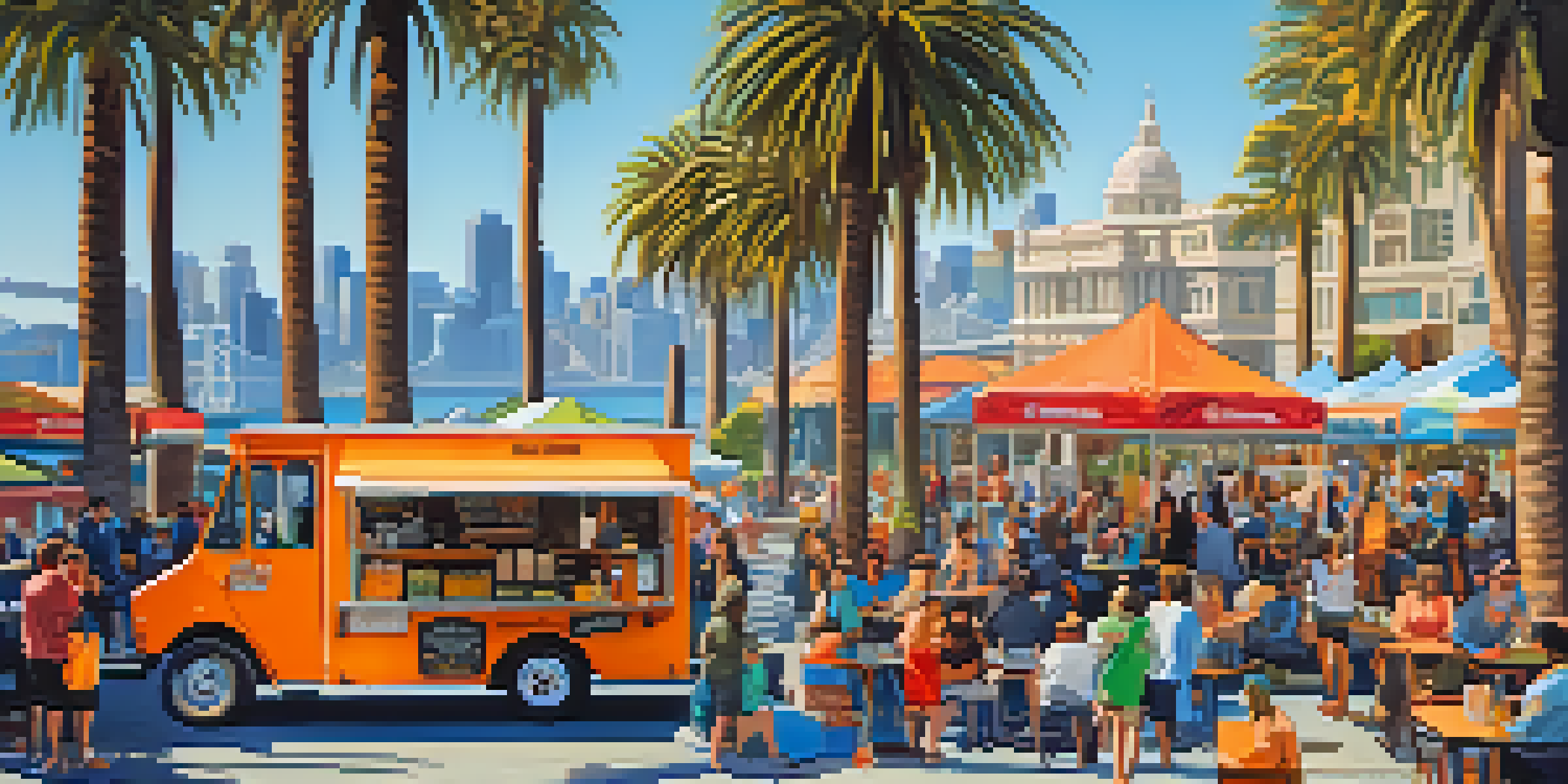 A lively food truck festival in San Francisco with various colorful food trucks and happy customers enjoying meals in a park.