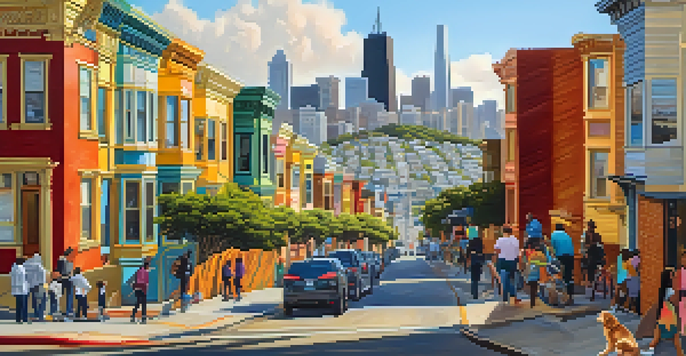 A lively street in San Francisco featuring a diverse community, families, artists, and colorful buildings in warm sunlight.