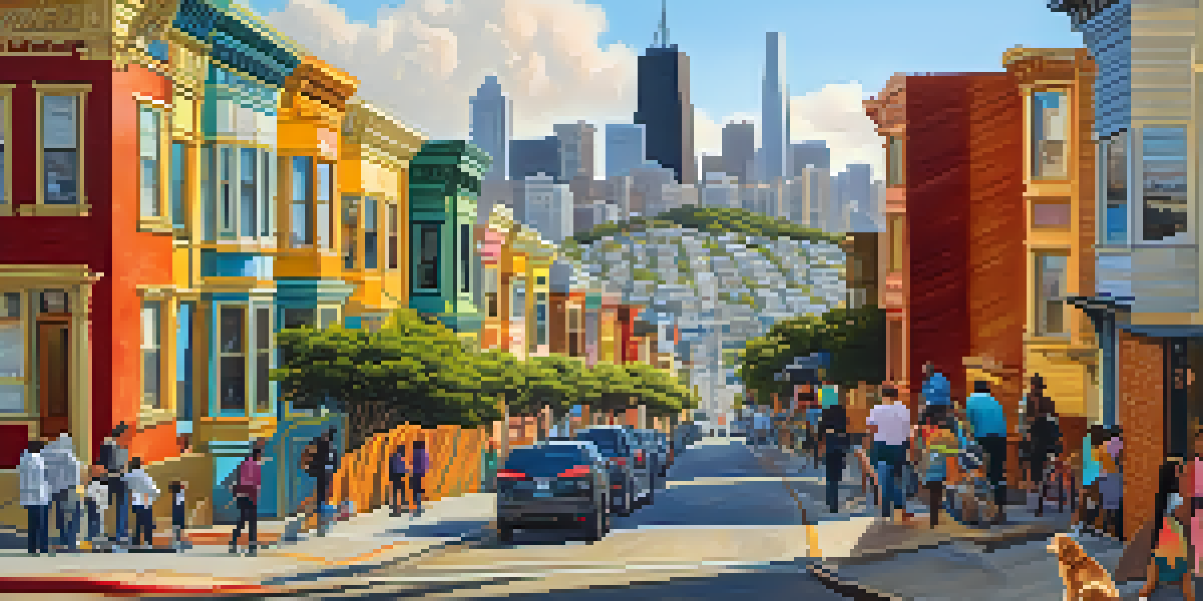 A lively street in San Francisco featuring a diverse community, families, artists, and colorful buildings in warm sunlight.