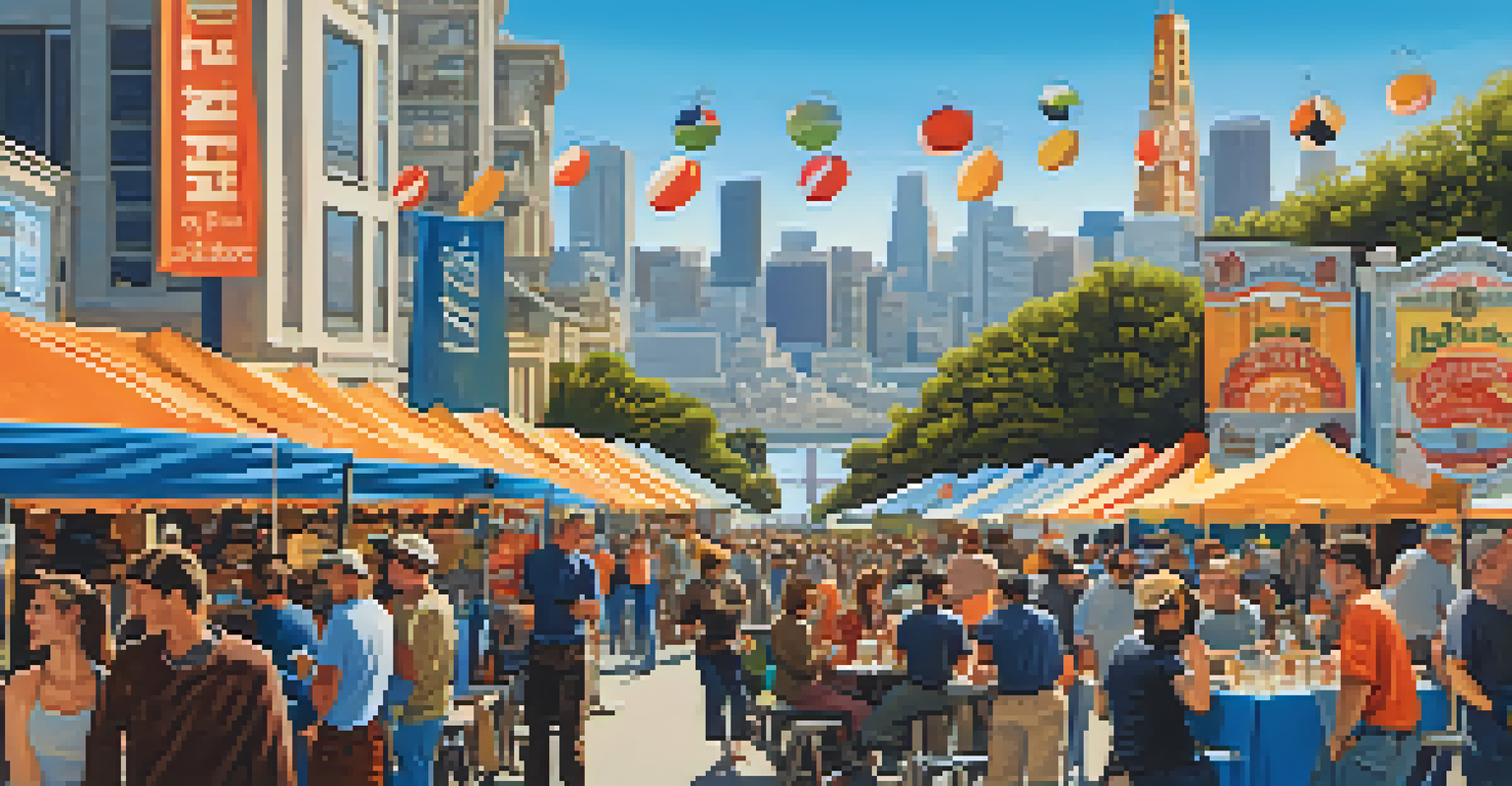 A lively outdoor beer festival in San Francisco with various craft brewery booths, people tasting beers, and the skyline in the background under a clear sky.