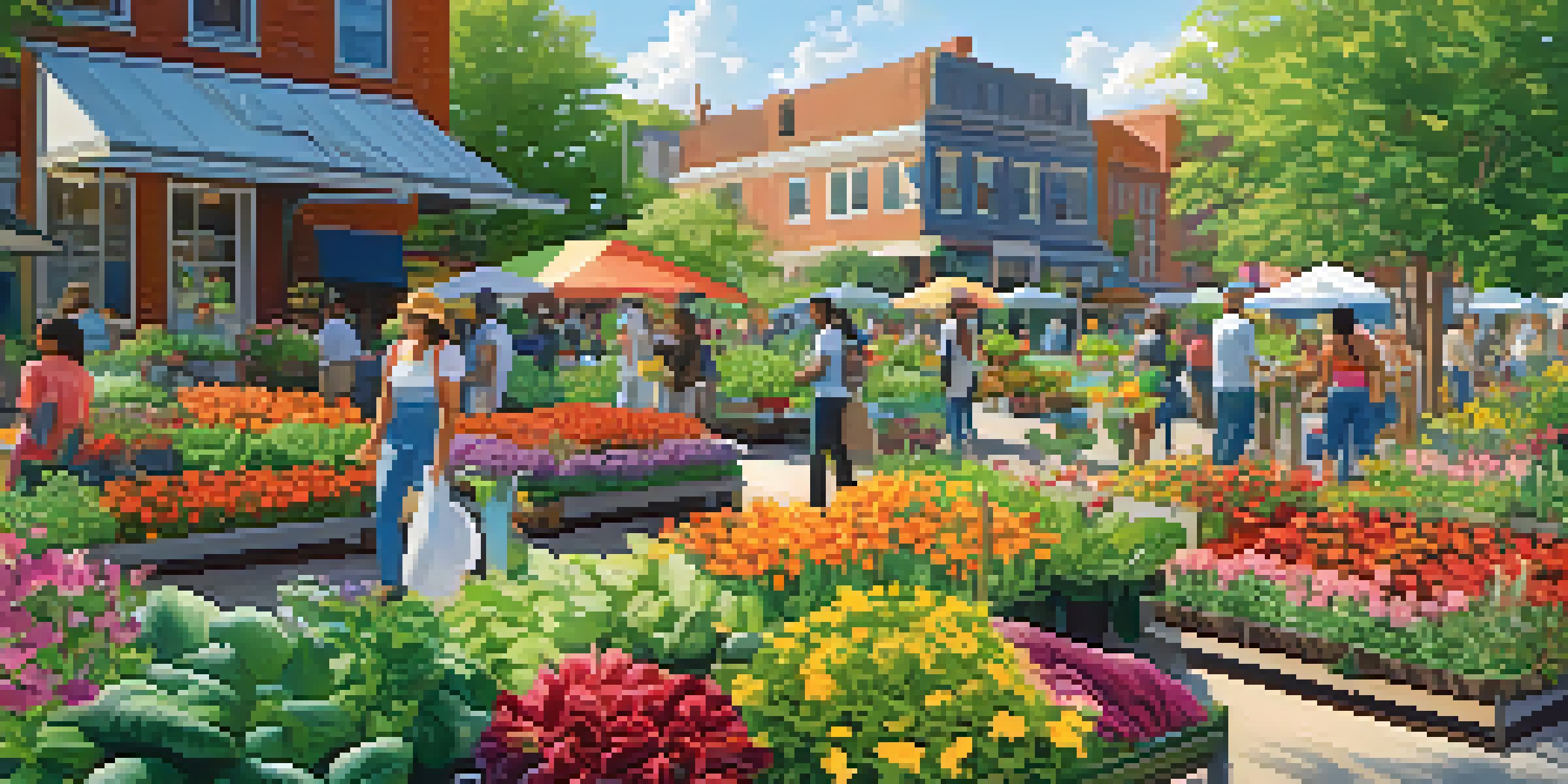 A diverse group of people working together in a colorful community garden filled with plants and flowers under sunlight.