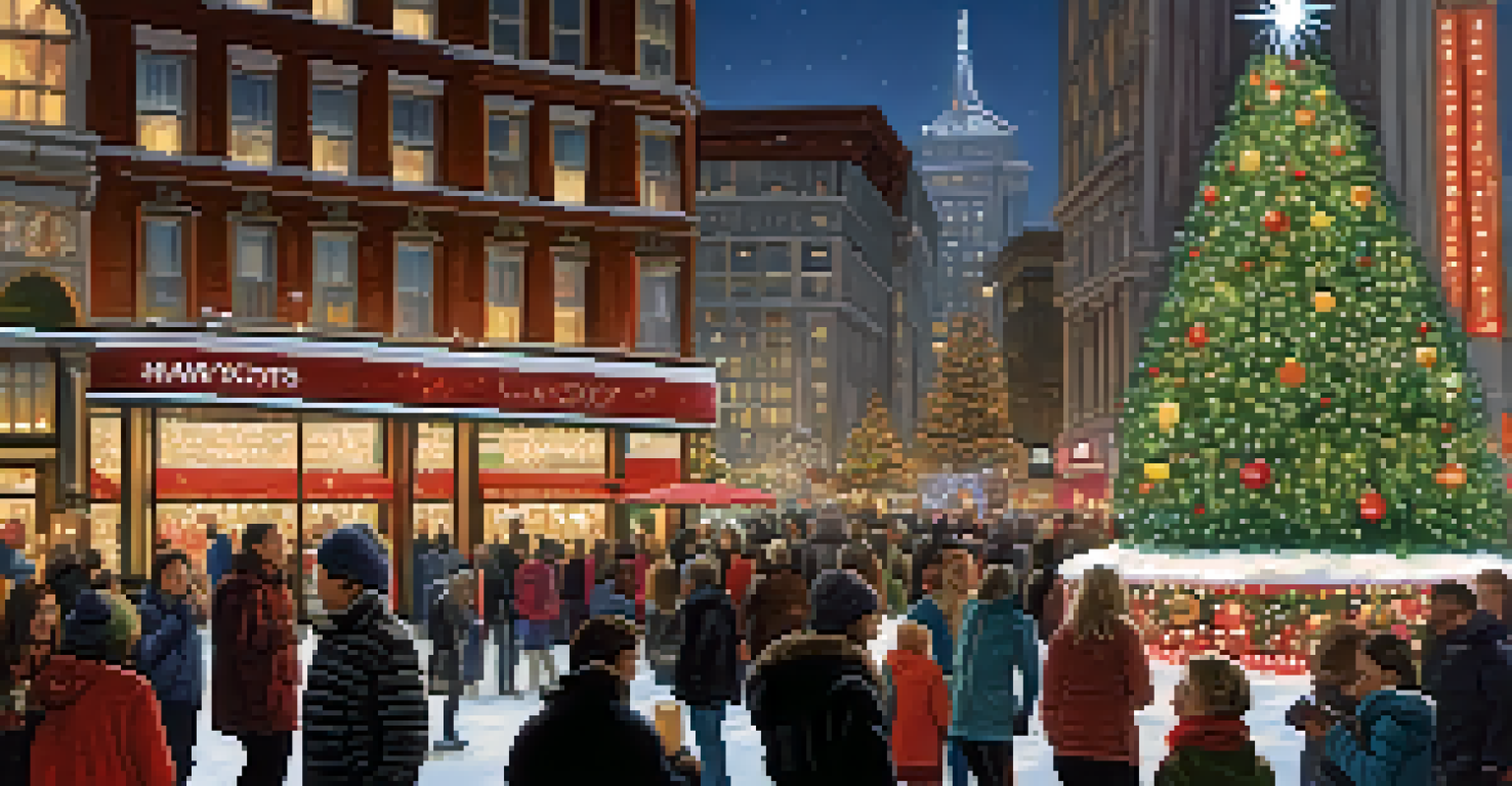 A festive scene of Union Square during the San Francisco Holiday Lights celebration, featuring a giant Christmas tree and illuminated storefronts with families enjoying the holiday spirit.