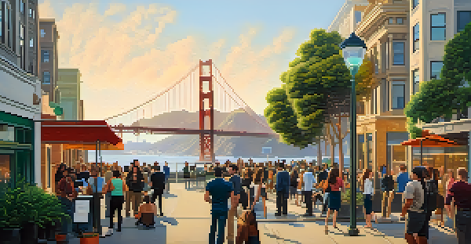 A lively street scene in San Francisco with fintech entrepreneurs outside a co-working space, featuring the Golden Gate Bridge in the background.