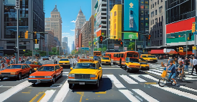 A busy city intersection with smart traffic lights changing colors, vehicles moving in different directions, and pedestrians waiting at the crosswalk.