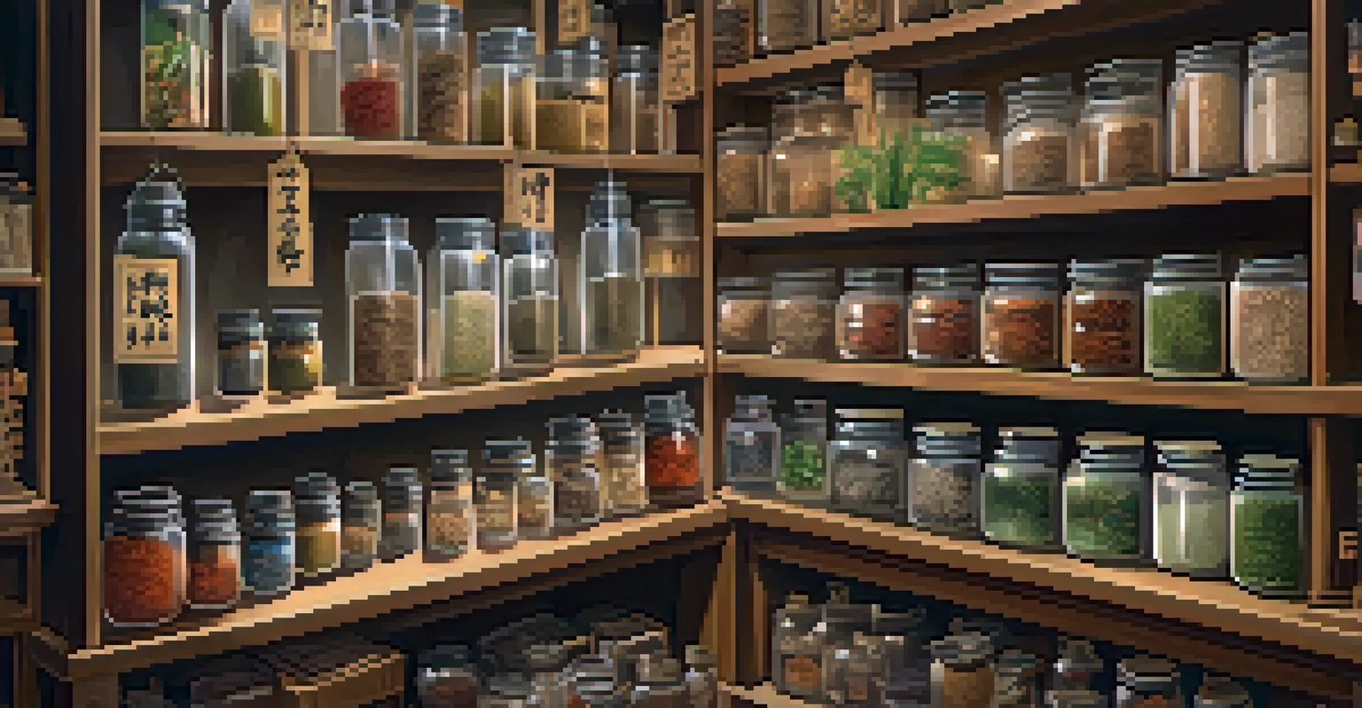 A detailed view of a Chinese herbal medicine shop with jars of herbs on wooden shelves illuminated by warm light.