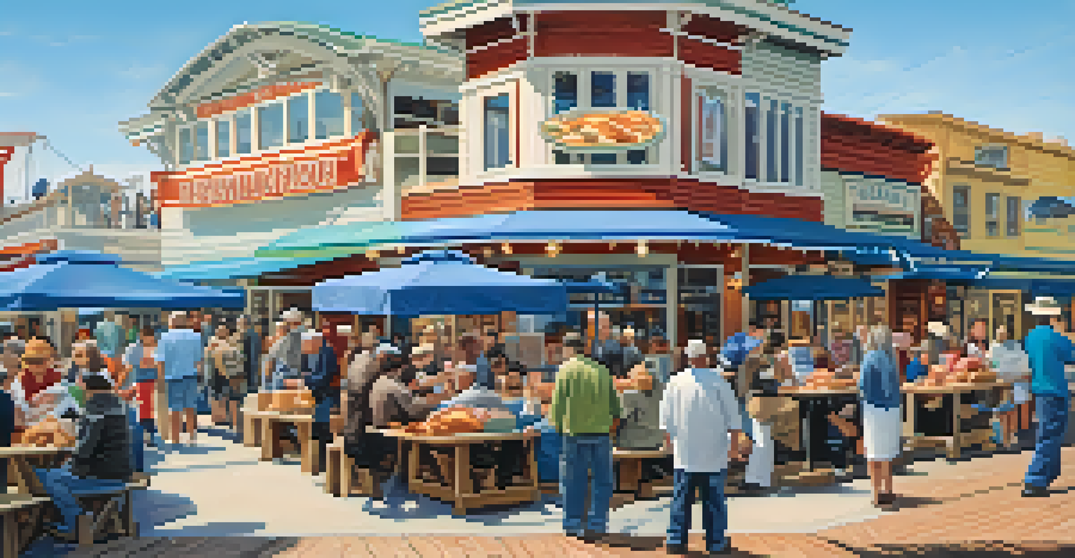 A bustling Fisherman’s Wharf with tourists savoring seafood, colorful shops, and sea lions relaxing on the pier.