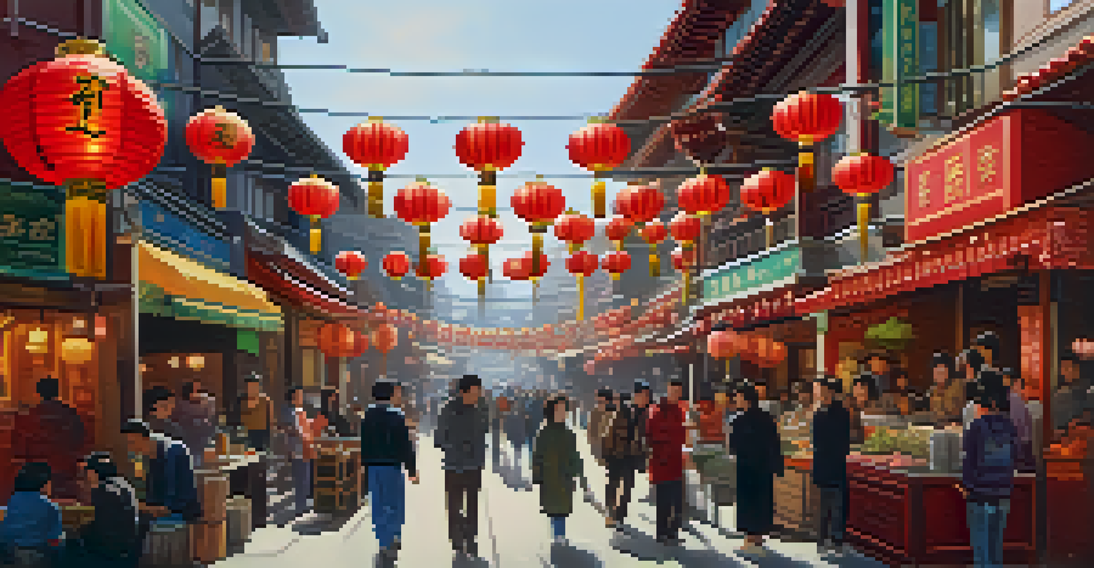 A bustling street scene in Chinatown, San Francisco, with colorful lanterns and traditional shops.