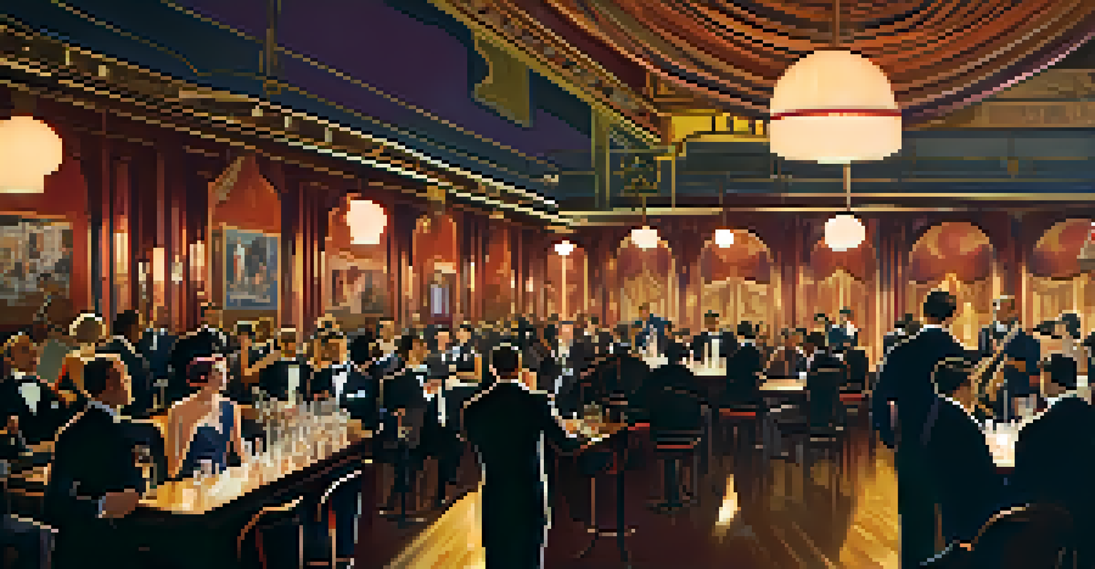 A 1920s jazz club in San Francisco with a live band and elegantly dressed patrons enjoying the music in a colorful, art deco setting.