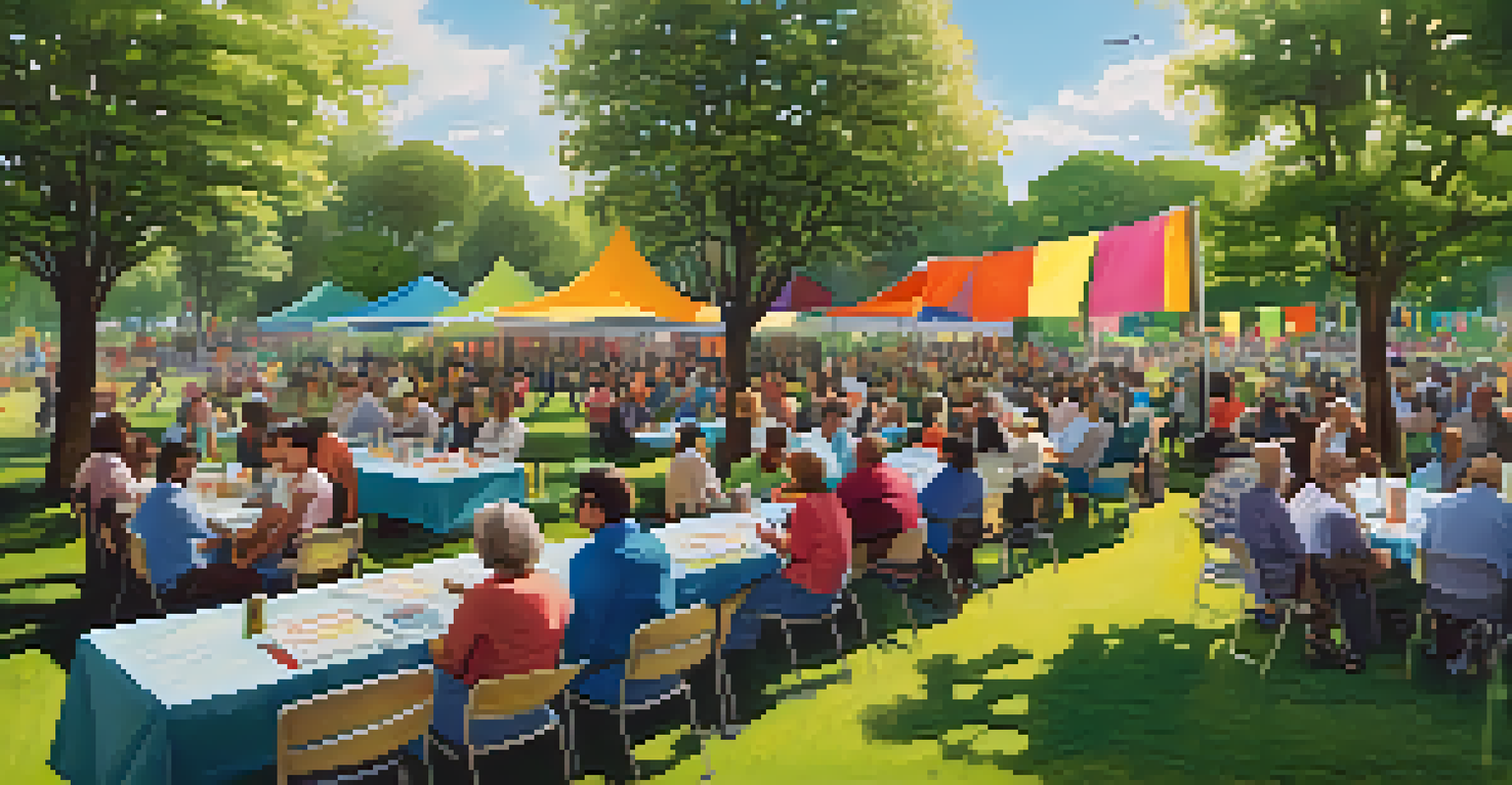 A diverse group of residents participating in a community meeting outdoors, discussing housing policies with colorful banners in the background.