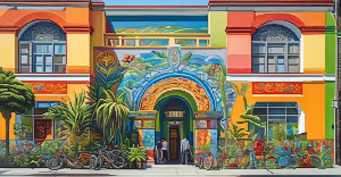A colorful mural showcasing Latino culture in the Mission District, with traditional and modern art elements, surrounded by greenery and street art.