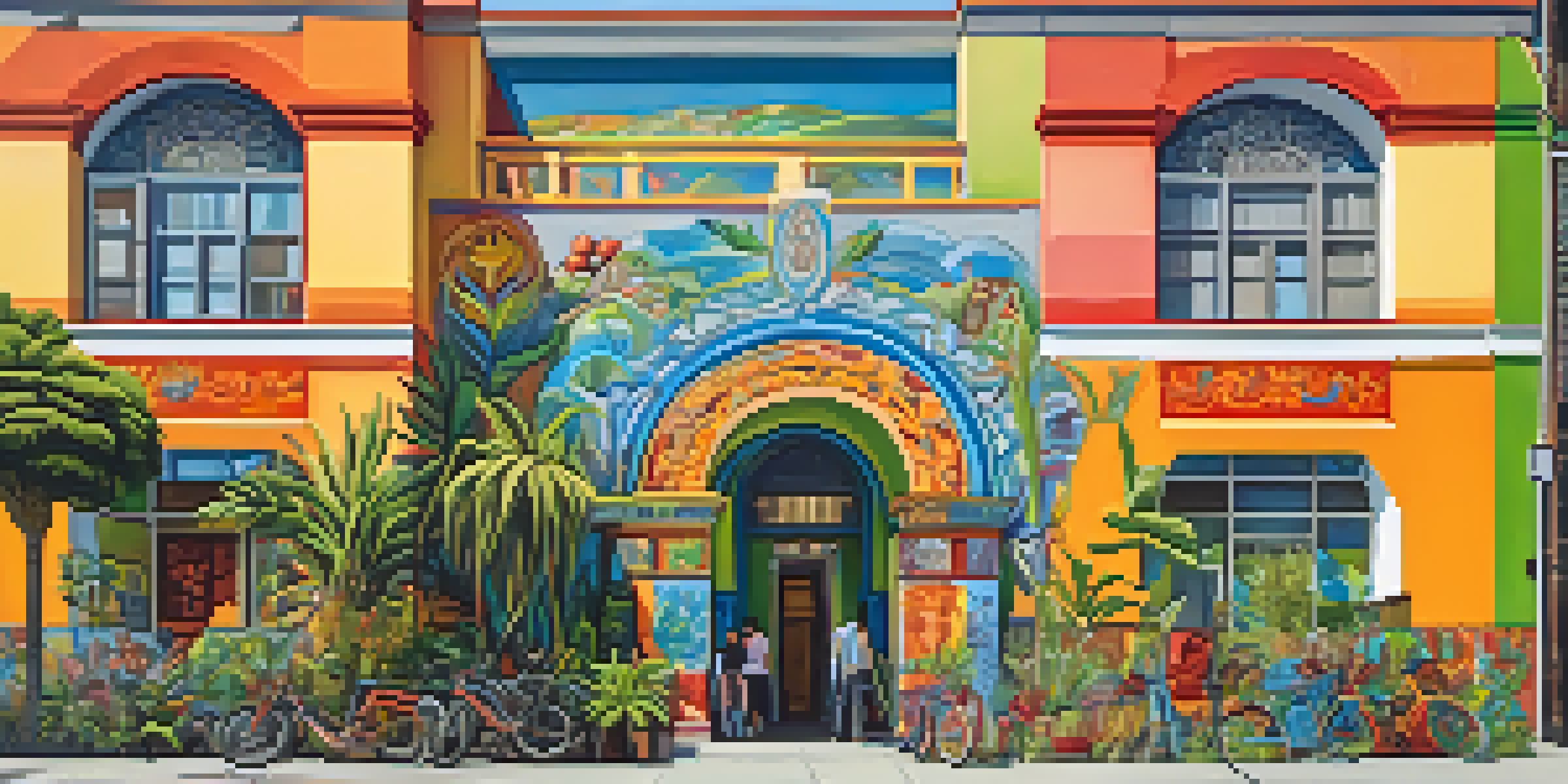 A colorful mural showcasing Latino culture in the Mission District, with traditional and modern art elements, surrounded by greenery and street art.