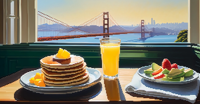 A cozy café table filled with pancakes, avocado toast, and a mimosa, with the Golden Gate Bridge in the background.