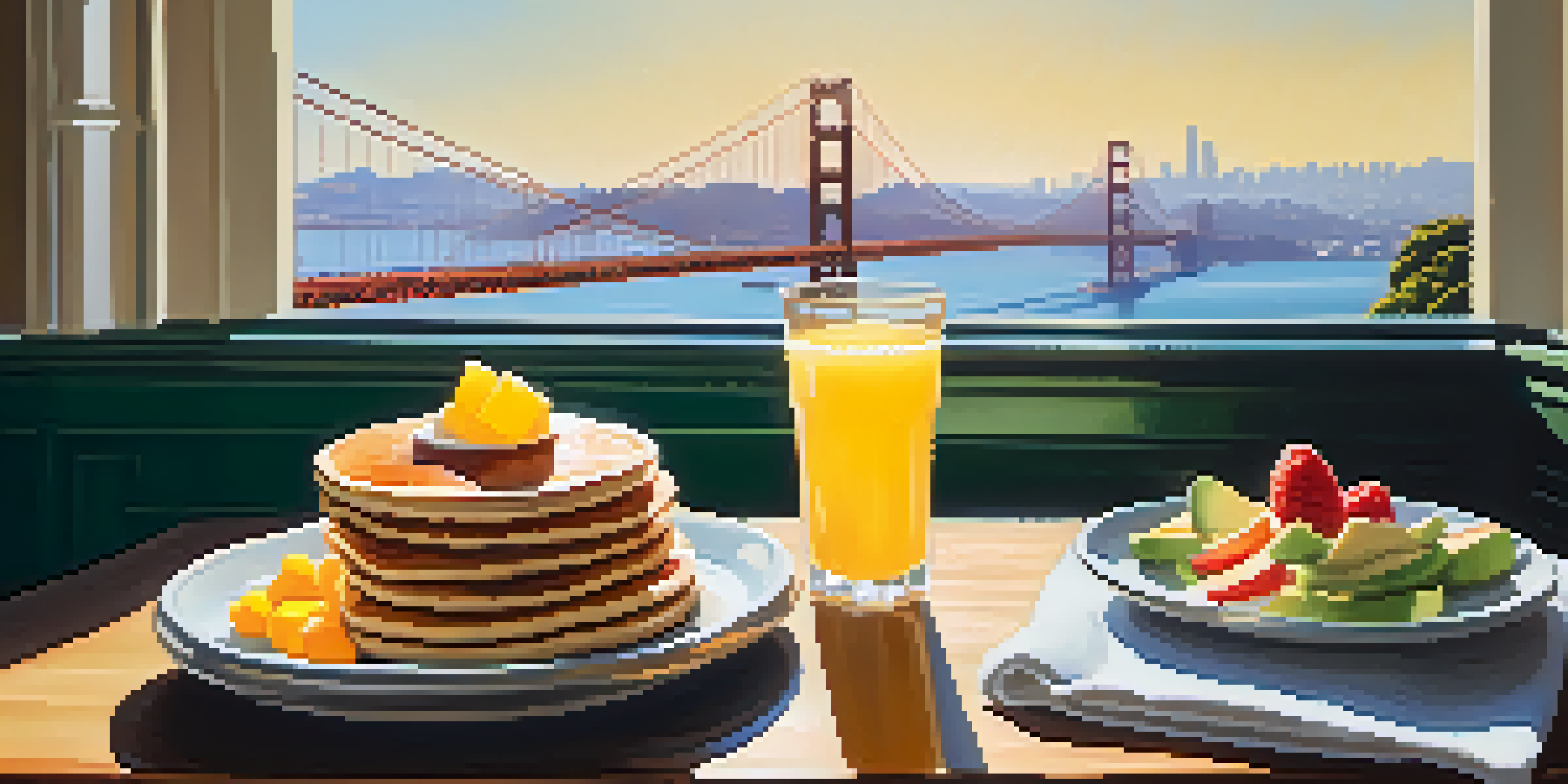 A cozy café table filled with pancakes, avocado toast, and a mimosa, with the Golden Gate Bridge in the background.