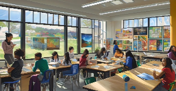A brightly lit classroom with diverse students working together on a technology project, surrounded by educational posters and artwork.