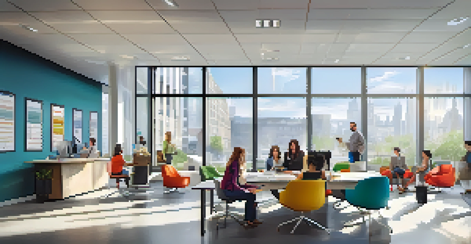 A modern office space with diverse employees collaborating, bright furniture, and inspirational decor.