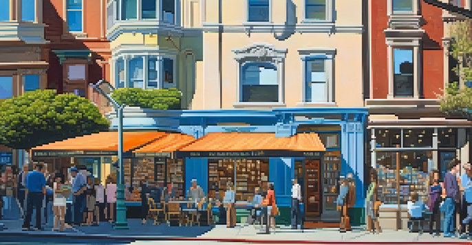 A lively street scene in North Beach, San Francisco, with people discussing outside the City Lights Bookstore, colorful murals, and Victorian buildings.