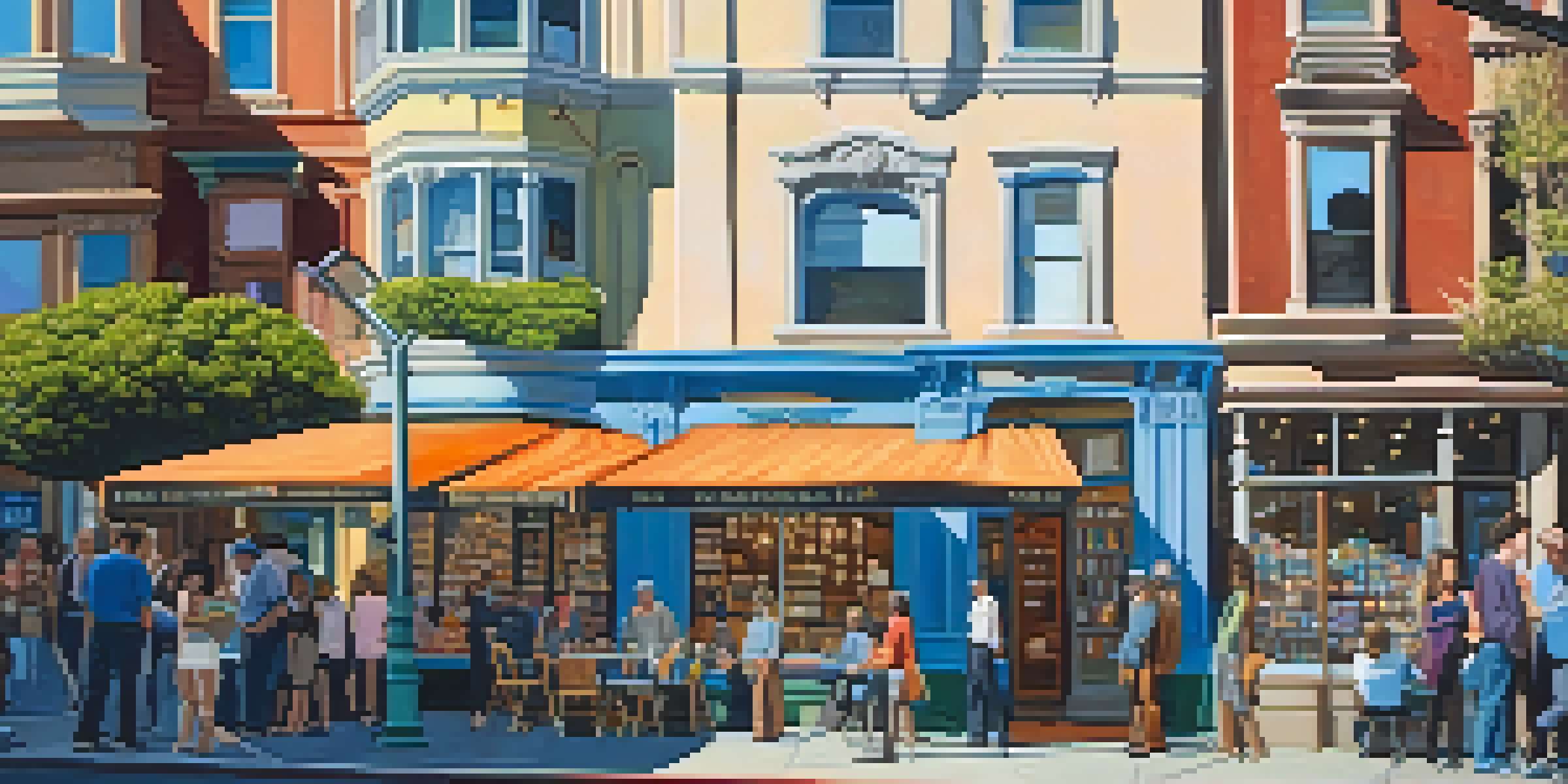A lively street scene in North Beach, San Francisco, with people discussing outside the City Lights Bookstore, colorful murals, and Victorian buildings.